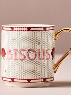 Anthropologie Bistro Tile Stoneware 24k Gold Accent Mug Valentine Edition Bisous